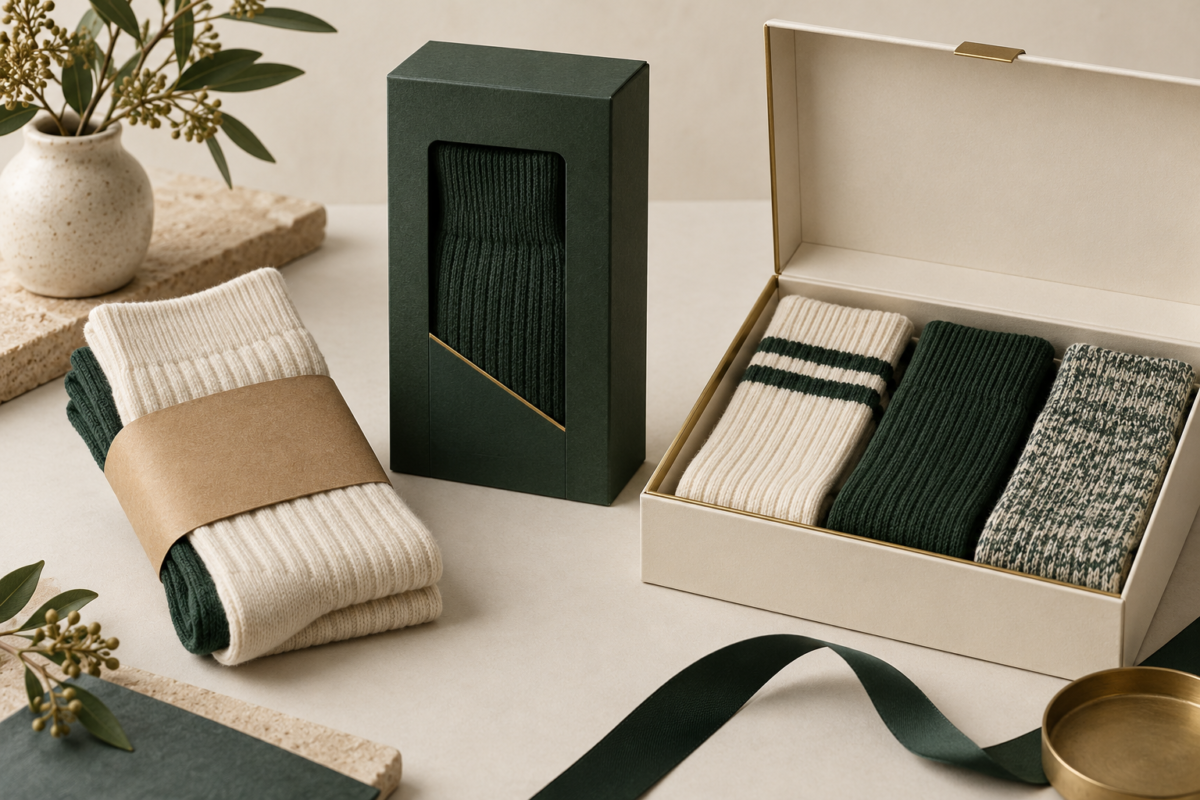 Custom sock packaging with paper band, folding carton and gift box