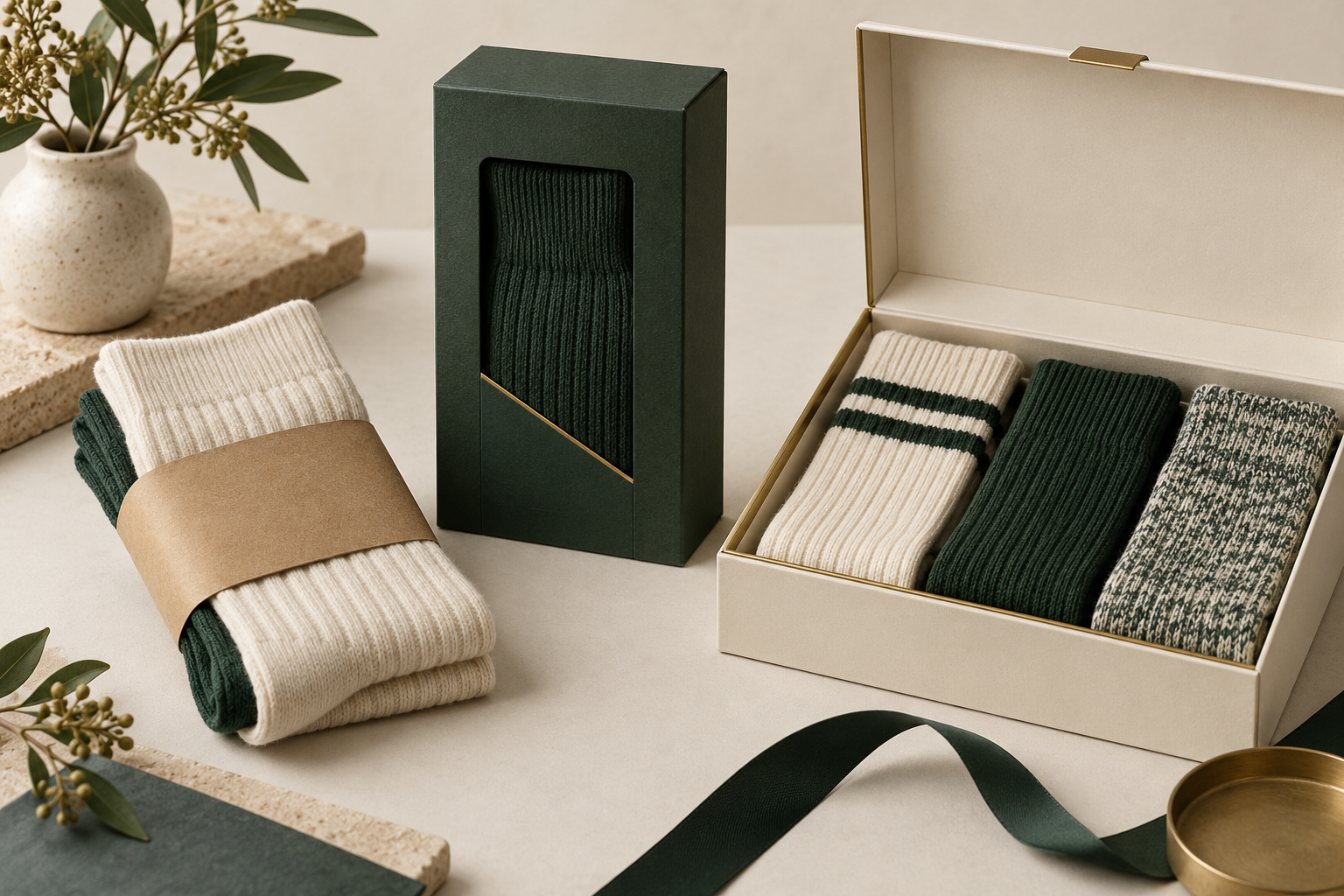 Custom sock packaging with paper band, folding carton and gift box