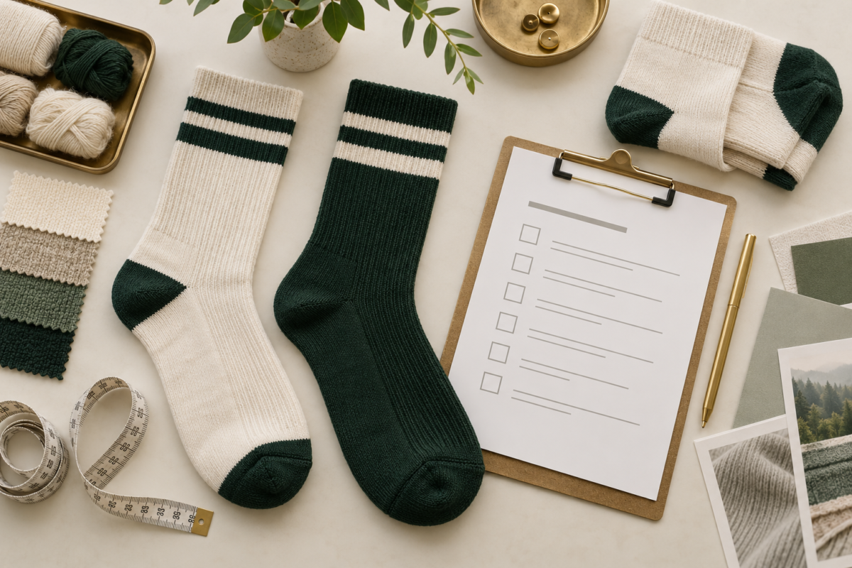 Sock sample approval checklist with sock samples and a measuring tape