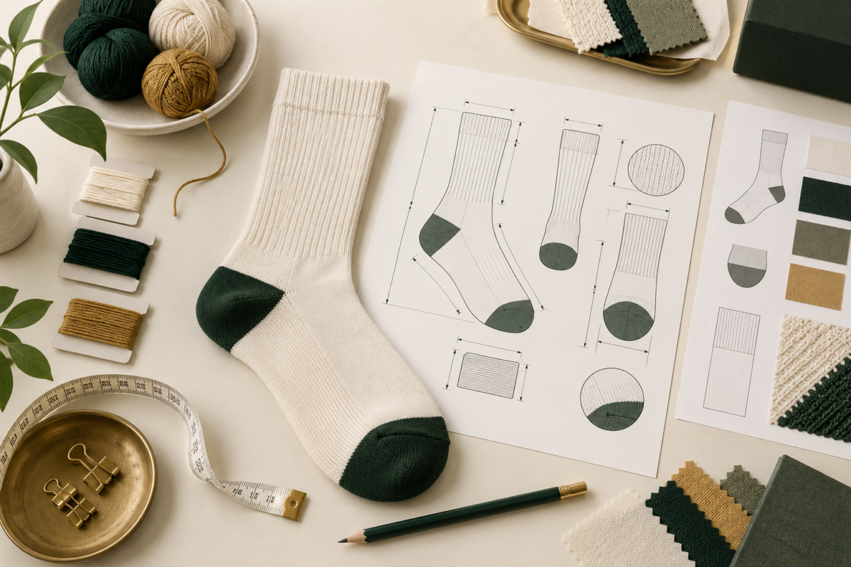 Sock tech pack with technical drawings, yarn colours and a sample sock