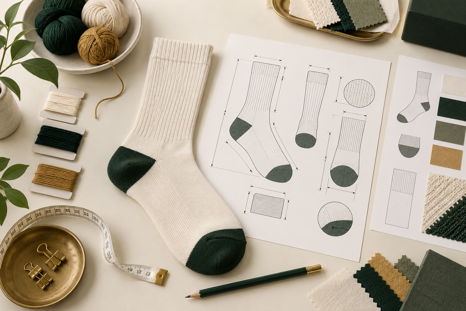 Sock tech pack with technical drawings, yarn colours and a sample sock